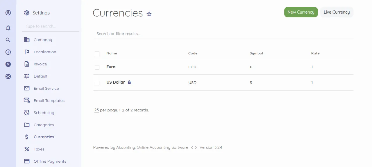 The Akaunting Currencies settings listing Euro beside US Dollar