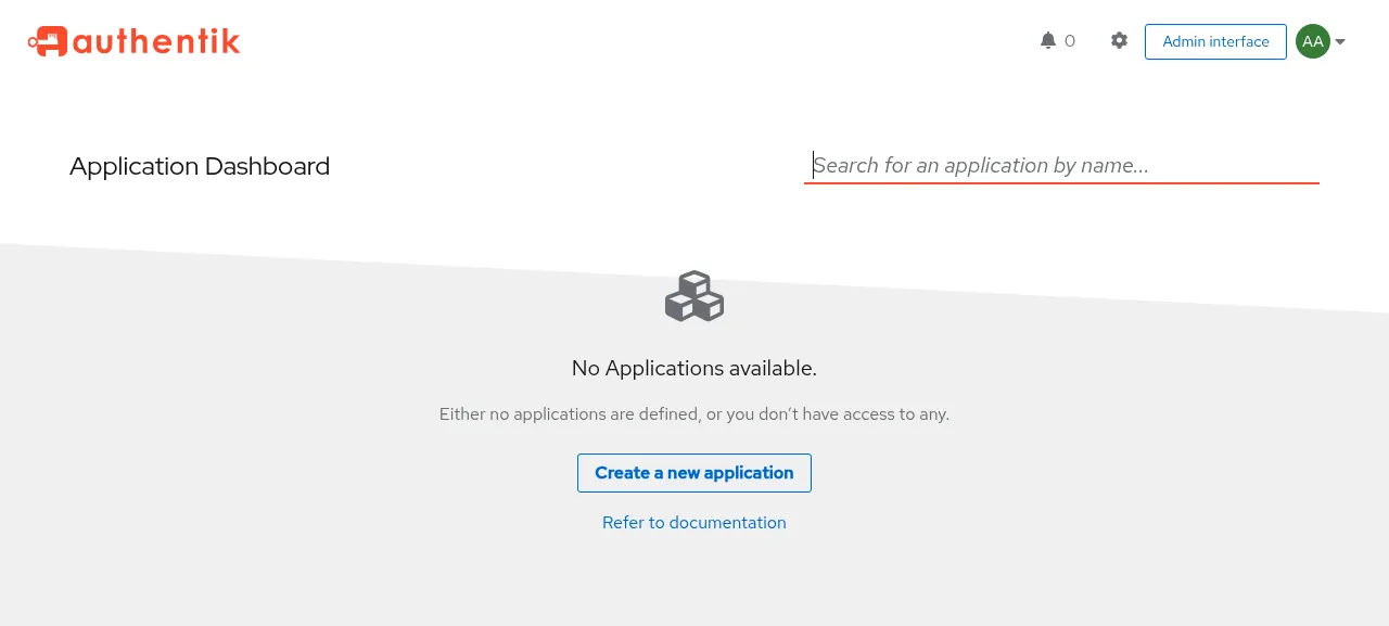 The authentik Application Dashboard after signing in as the admin