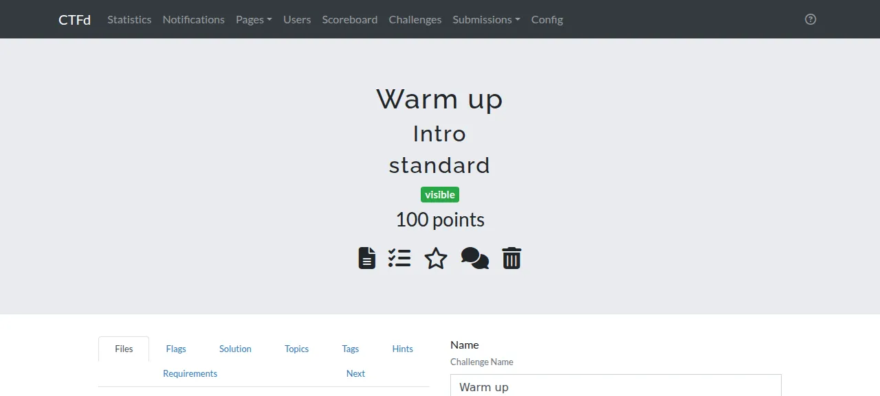 The CTFd admin panel showing the new 100-point challenge Warm up as visible