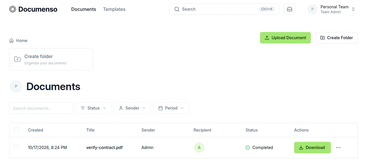 The Documenso Documents list showing verify-contract.pdf as Completed with a Download button