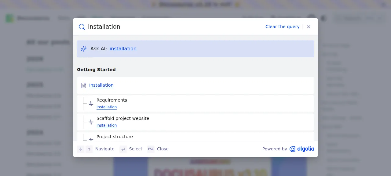 The Docusaurus search box listing the Installation page for the query installation