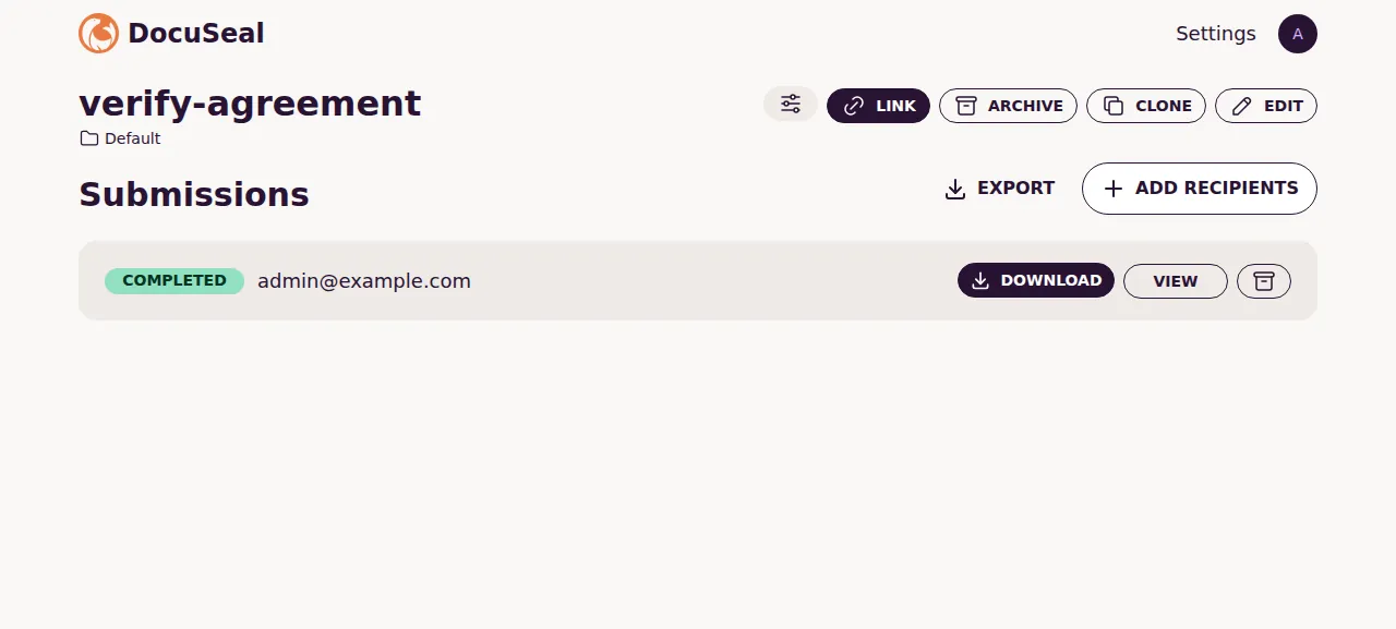 The DocuSeal template verify-agreement with its submission marked Completed