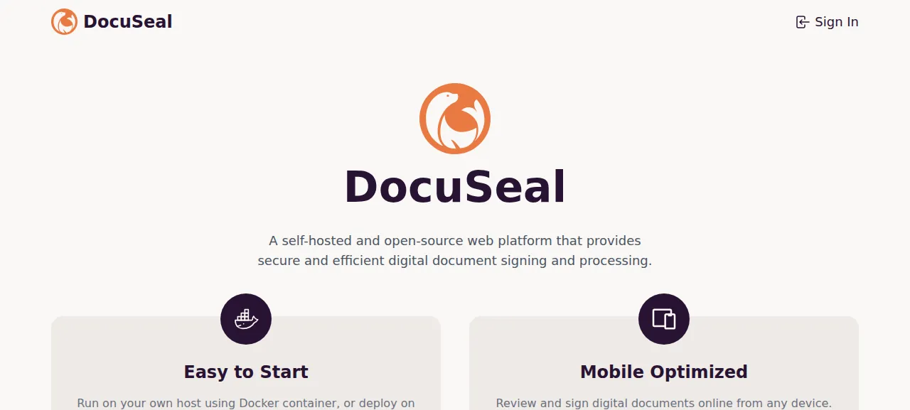 The DocuSeal start page before signing in