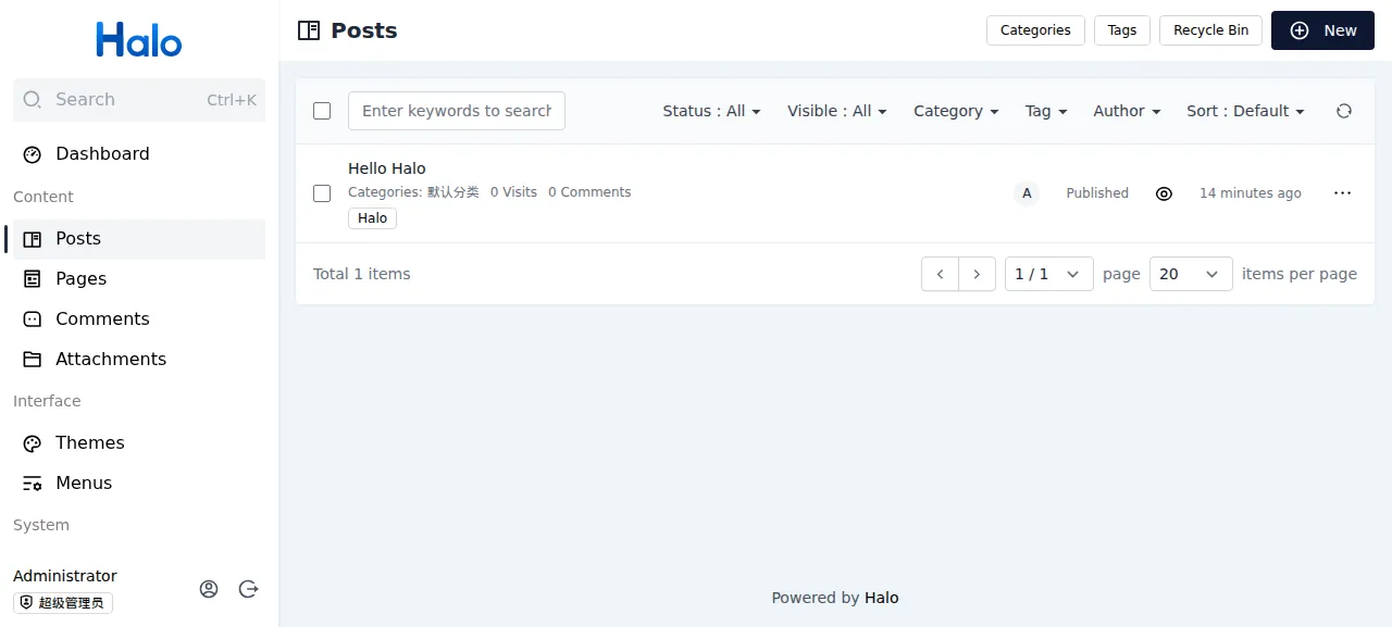 The Halo console Posts list after signing in as the admin
