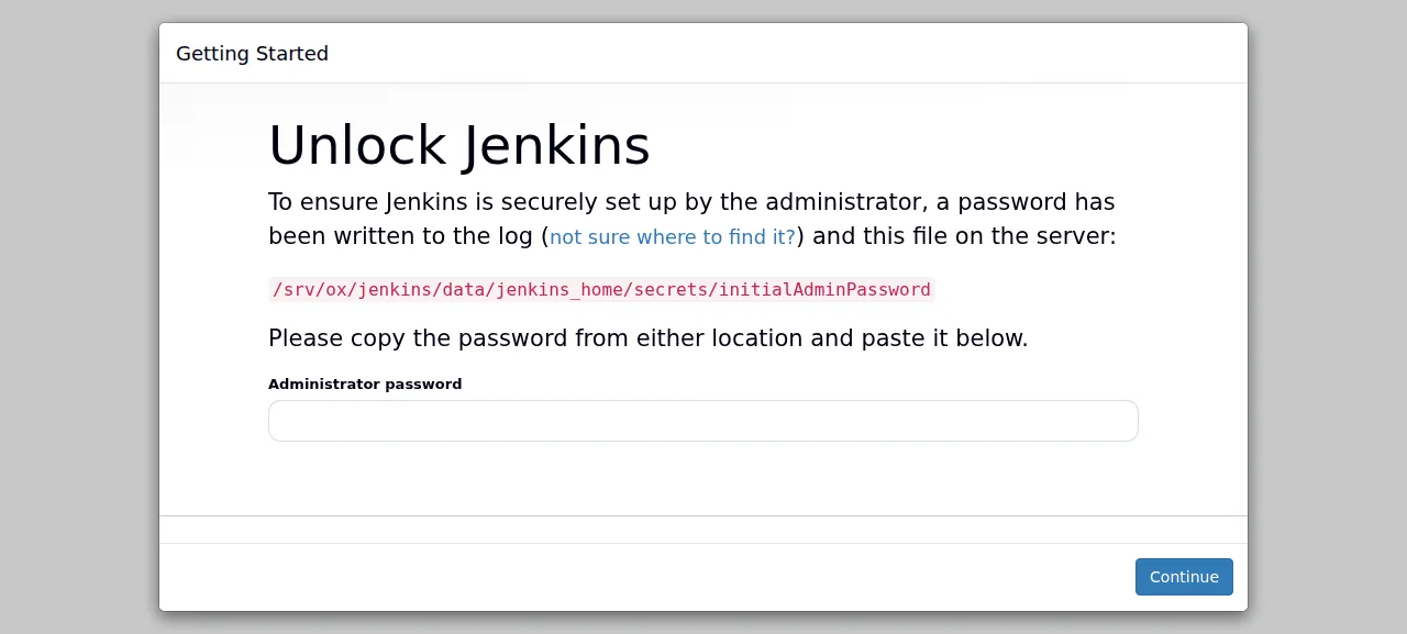 The Jenkins Unlock Jenkins setup page on first start