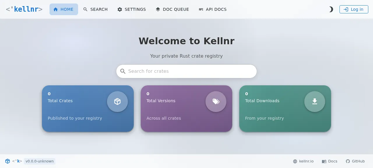 The Kellnr home page, a private Rust crate registry