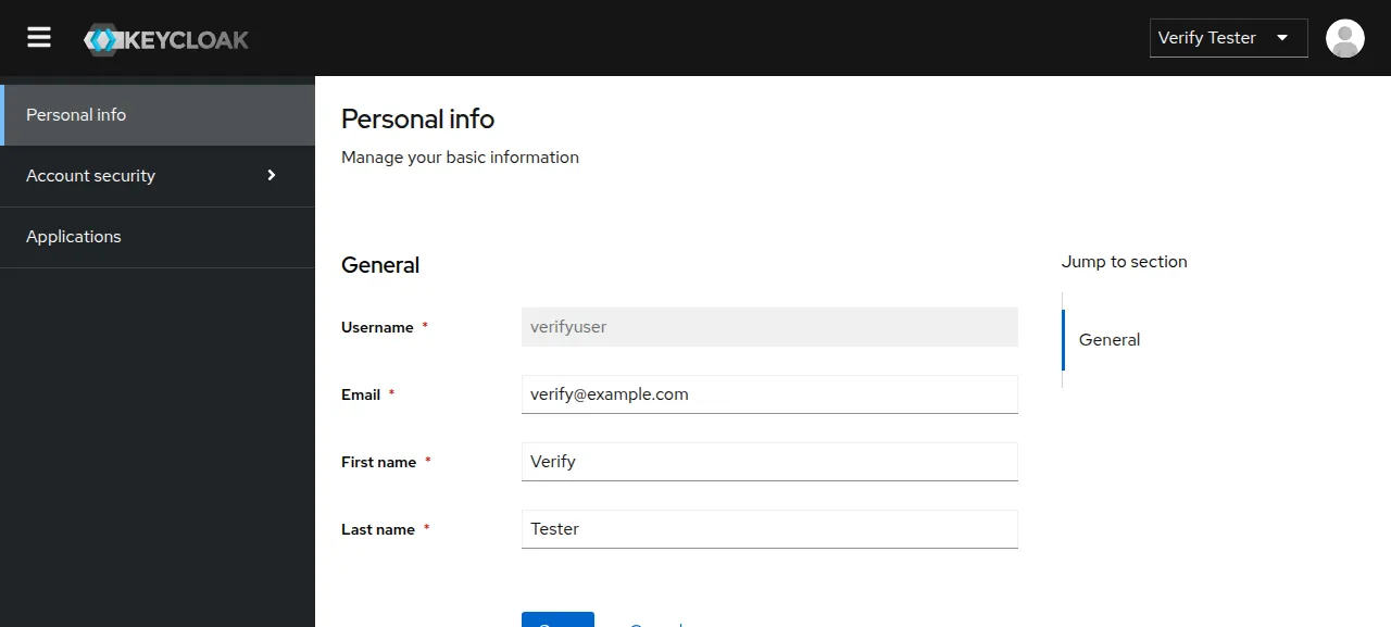 The Keycloak account console signed in as the new user Verify Tester