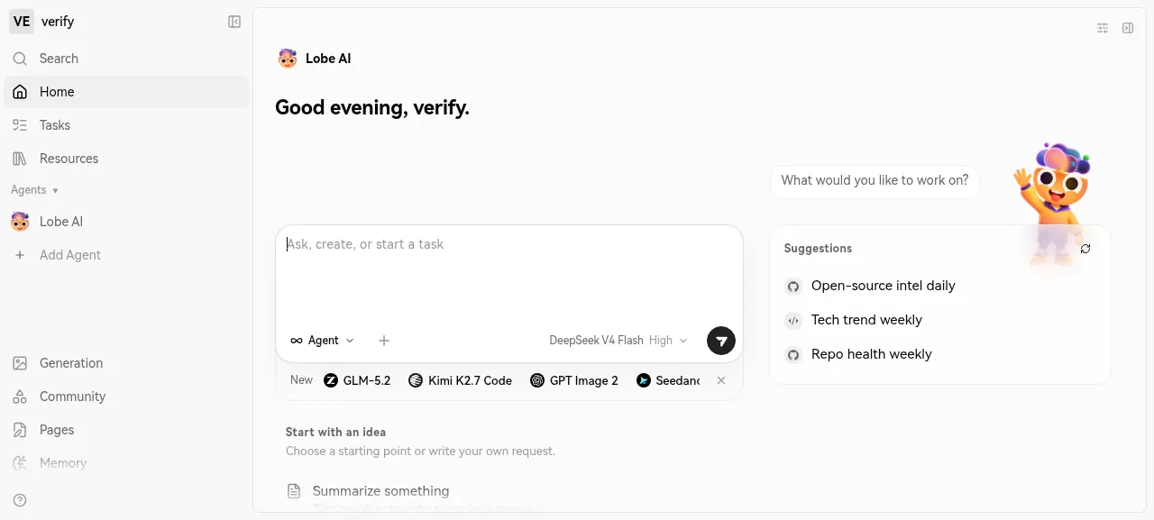 The LobeHub home page greeting the test user after signing up