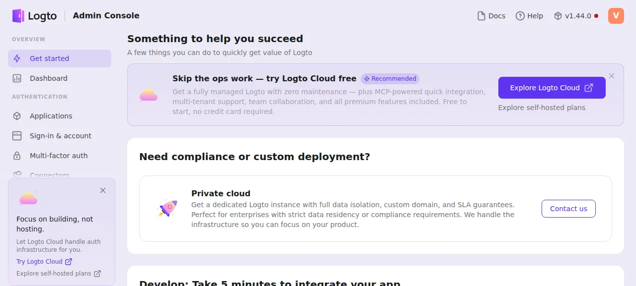 The Logto Admin Console Get started page after creating the admin account