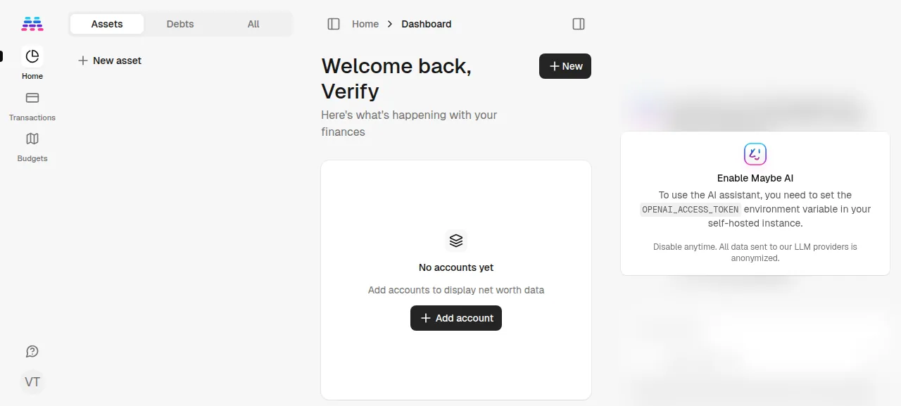 The Maybe dashboard welcoming the test user after signing up