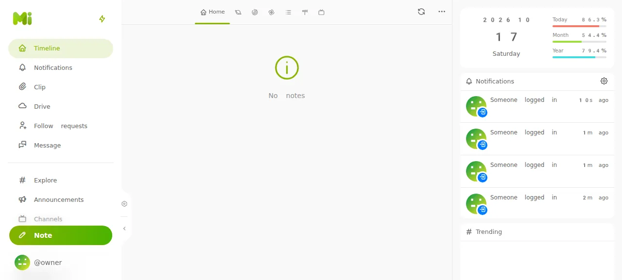 The Misskey timeline signed in as the admin account owner