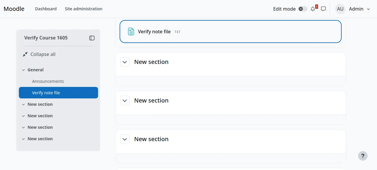 A new Moodle course with the uploaded file Verify note file in its General section