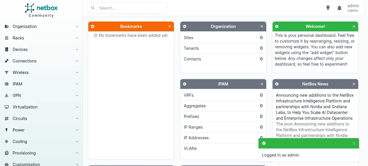 The NetBox dashboard signed in as admin