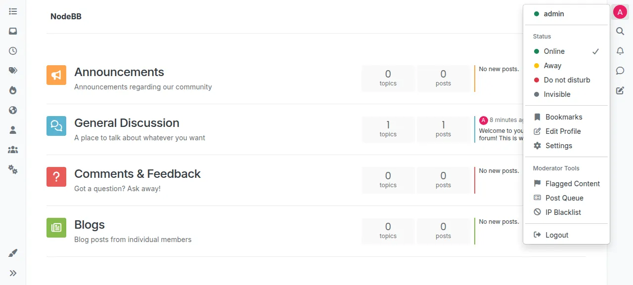 The NodeBB forum signed in as admin, with the account menu open