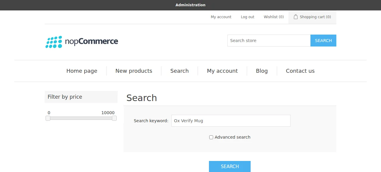 The nopCommerce storefront search for the new product Ox Verify Mug