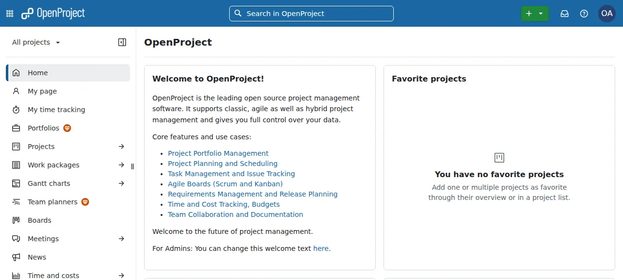 The OpenProject home page after signing in