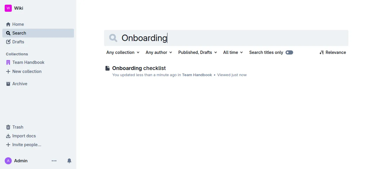 An Outline search that finds the new document Onboarding checklist