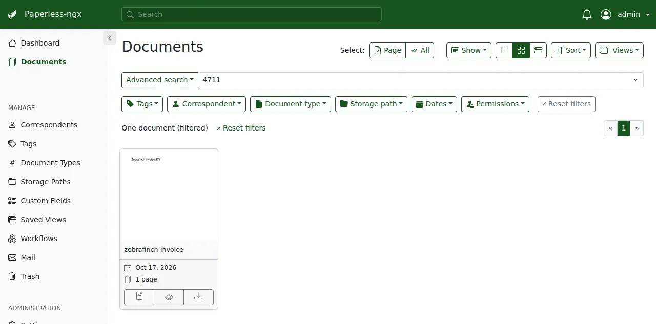 A search for 4711 that finds the uploaded invoice by its text