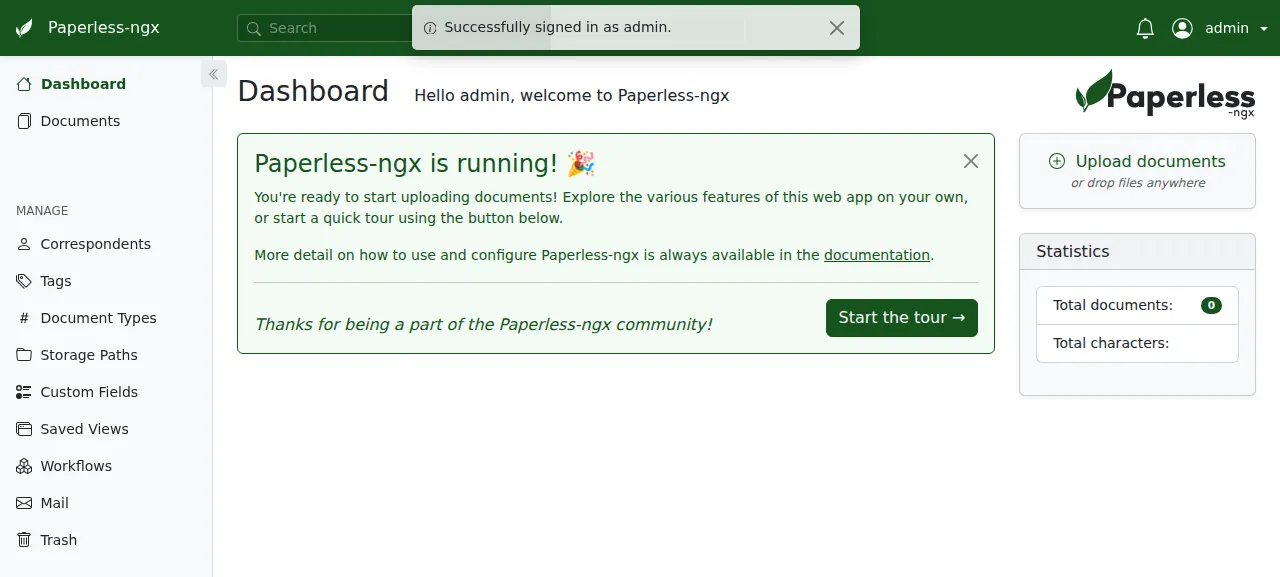 The Paperless-ngx dashboard after signing in as admin