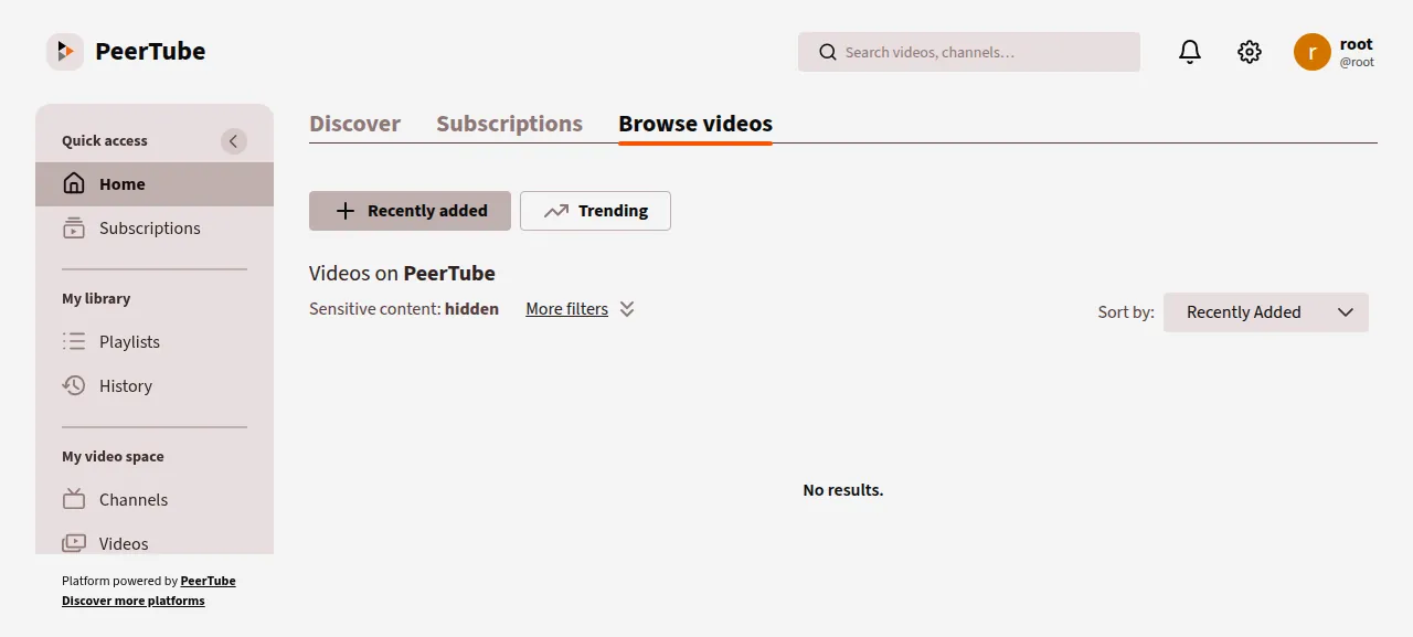 PeerTube after signing in as root