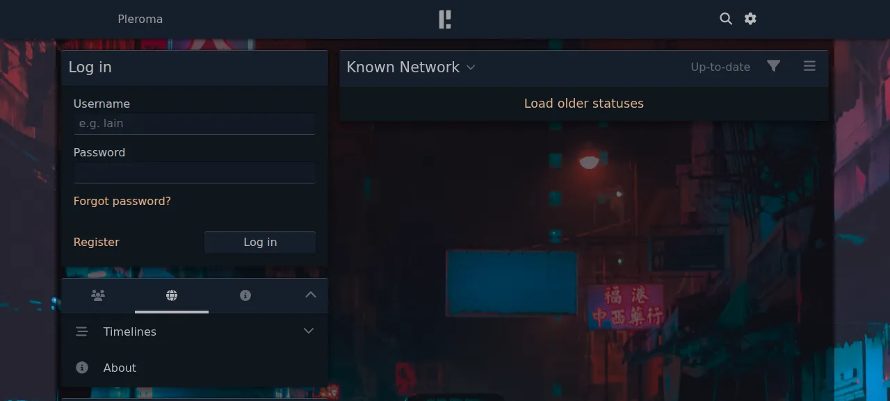 The Pleroma front page with its log-in form