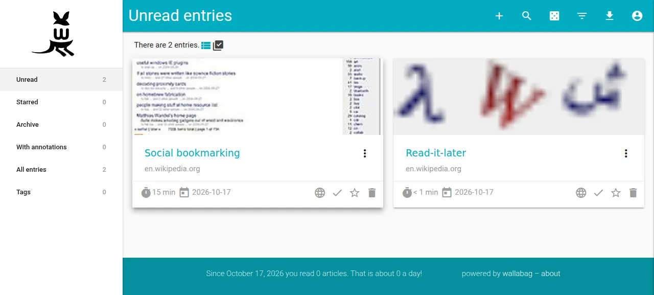 Two saved Wikipedia articles in wallabag's unread list